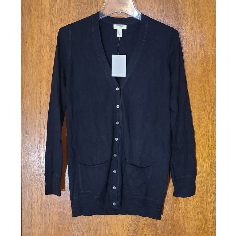 Lands' End Canvas Cardigan - Cotton Cashmere Long Black Preppy Twee Mod Hipster